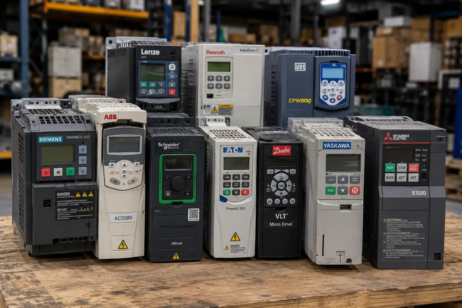 Verschiedene Frequenzumrichter Hersteller in einem Industrielager für Industrieankauf und Automatisierungstechnik