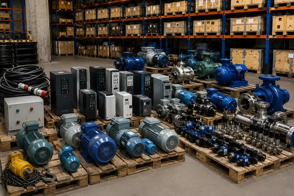 Industriekomponenten, Elektromotoren und Pumpen auf mehreren Paletten im Lager