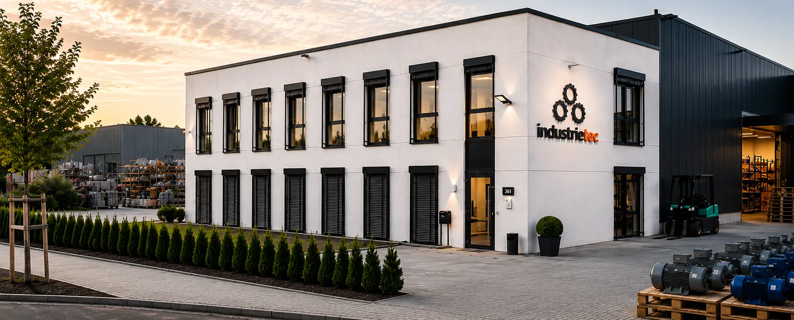 Industrietec Firmengebäude mit Lagerhalle und Industriekomponenten in Deutschland