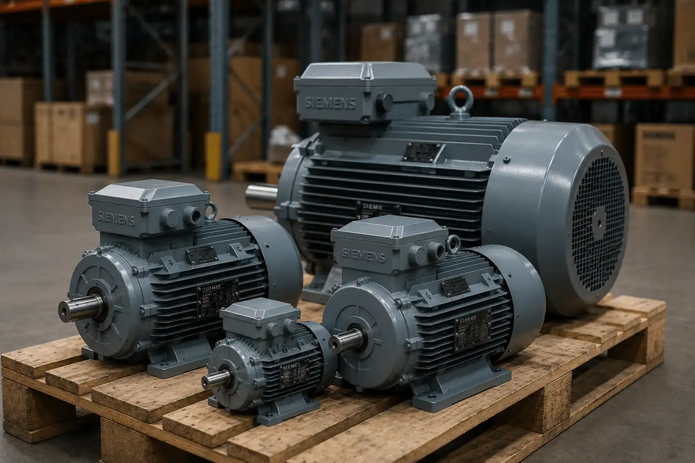 Siemens Elektromotoren auf Holzpaletten im Industrielager für den Ankauf durch Industrietec