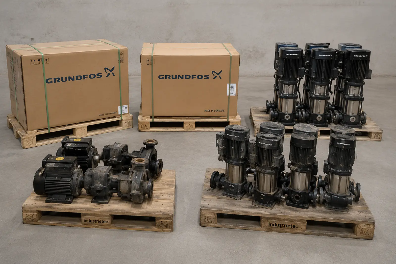 Originalverpackte und gebrauchte Grundfos Pumpen auf Paletten aus Industrieauktionen und Lagerbeständen