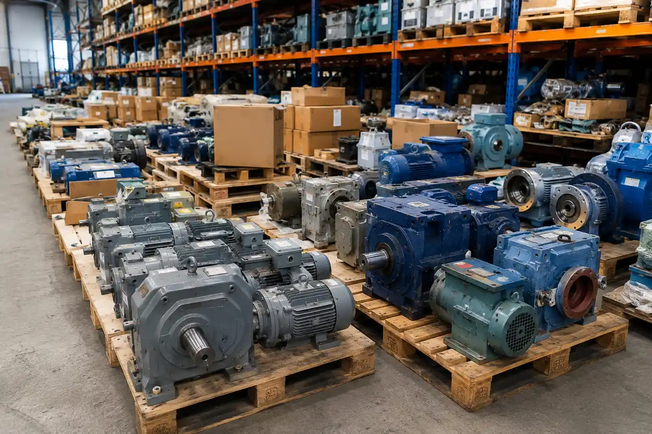 Industriekomponenten und Lagerbestände auf Paletten für den Ankauf durch Industrietec
