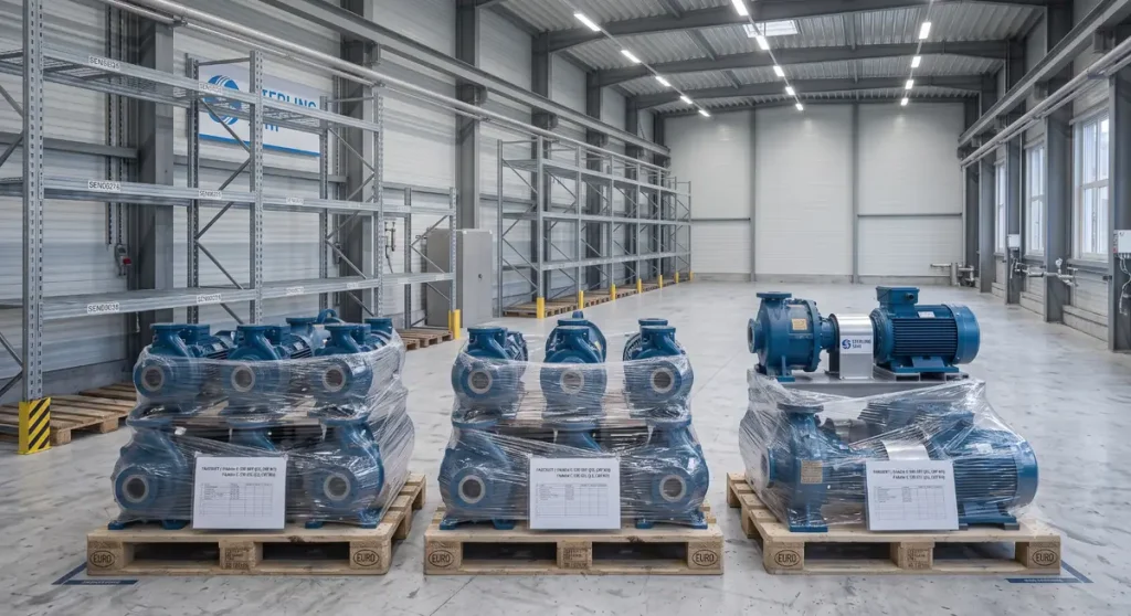 Mehrere SIHI Industriepumpen auf Paletten in einer modernen Lagerhalle mit Elektromotoren und Pumpentechnik