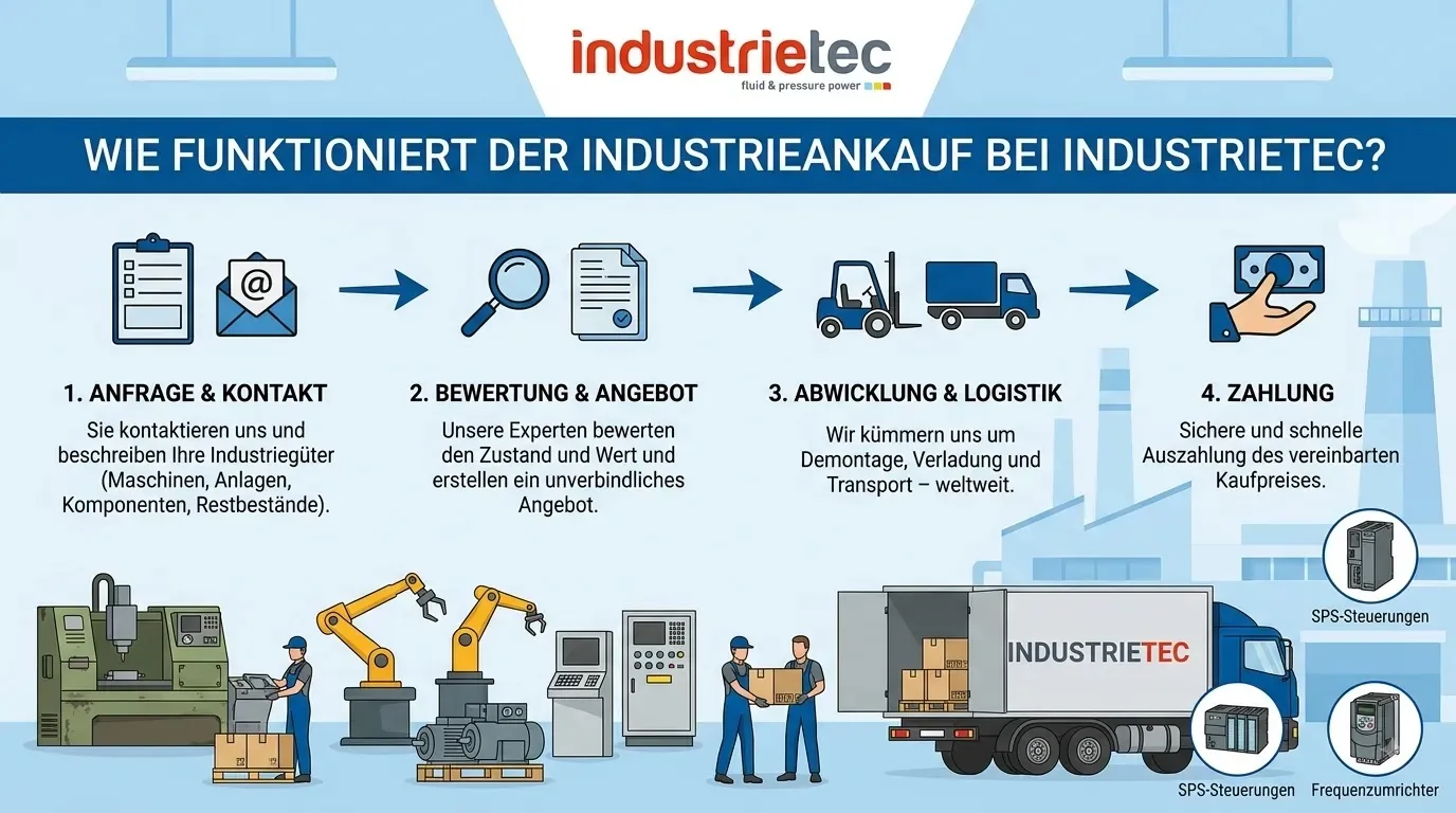 Ablauf des Industrieankaufs bei Industrietec von Anfrage und Bewertung bis Logistik und Zahlung
